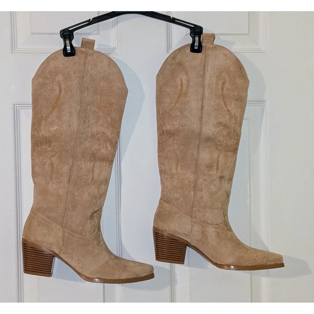 VBDB Womens Beige Faux Suede Western Cowboy‎ Knee High Boots Size 8.5 NEW